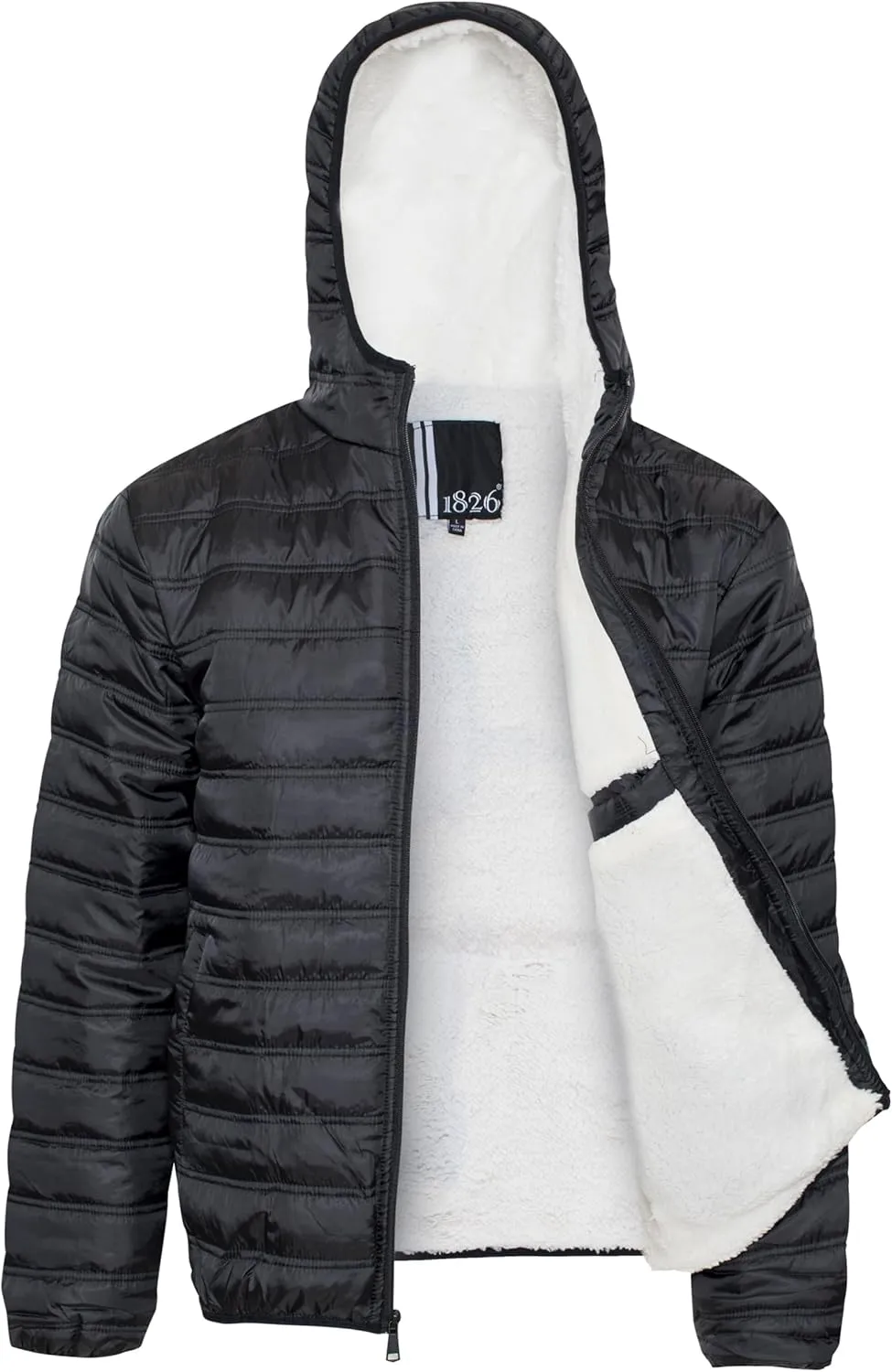 1826 Water-resistant Puffer Mens Quilted Full Zip Jackets, Sherpa lining, Fleece Lining With and Without Hood