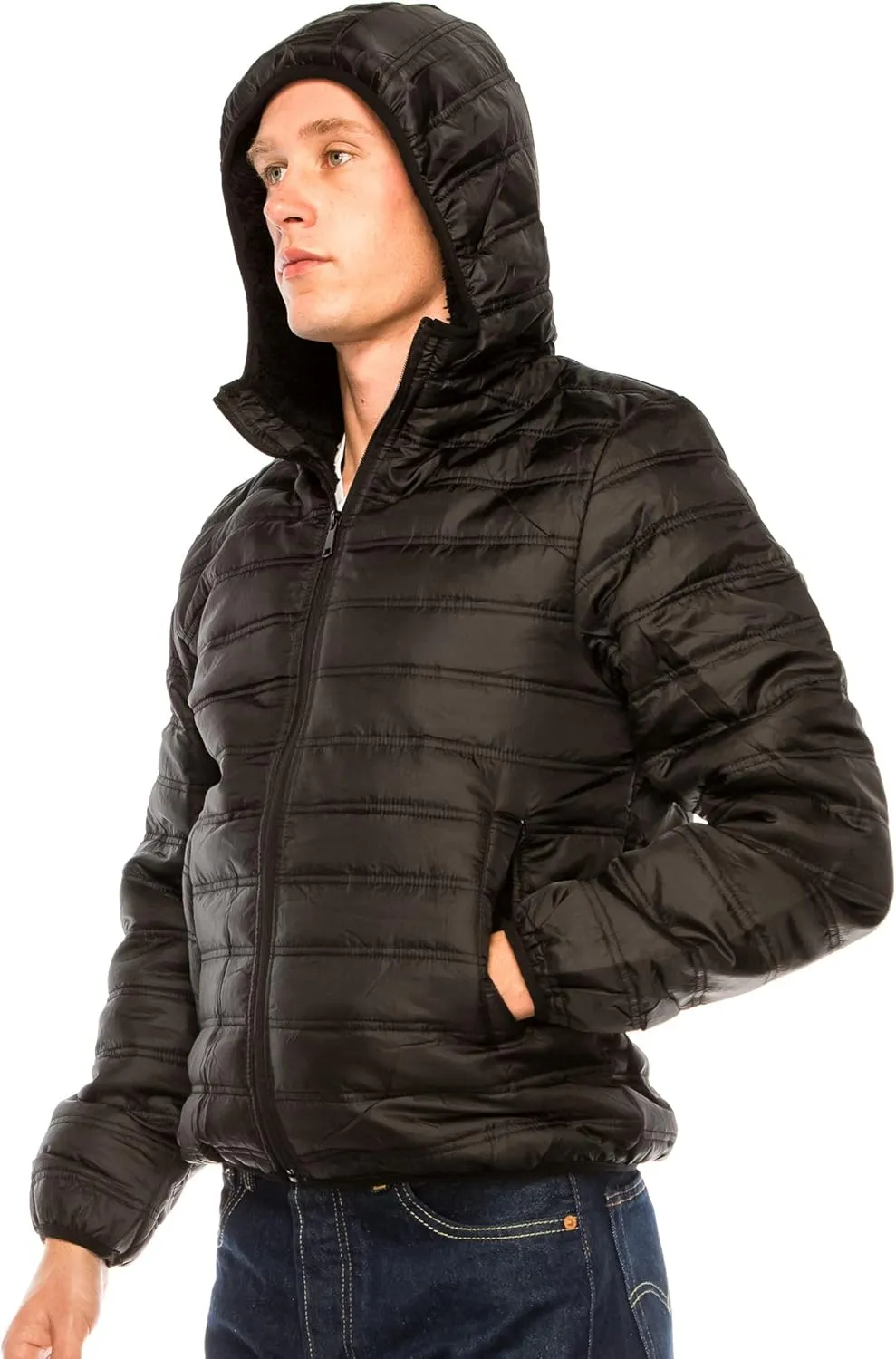 1826 Water-resistant Puffer Mens Quilted Full Zip Jackets, Sherpa lining, Fleece Lining With and Without Hood