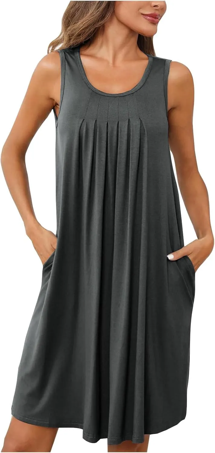 2024 Women's Loose Casul Sleeveless Solid Ruffle Crew Neck Sundresses with Pockets A-Line Beach Vacation Mini Dress