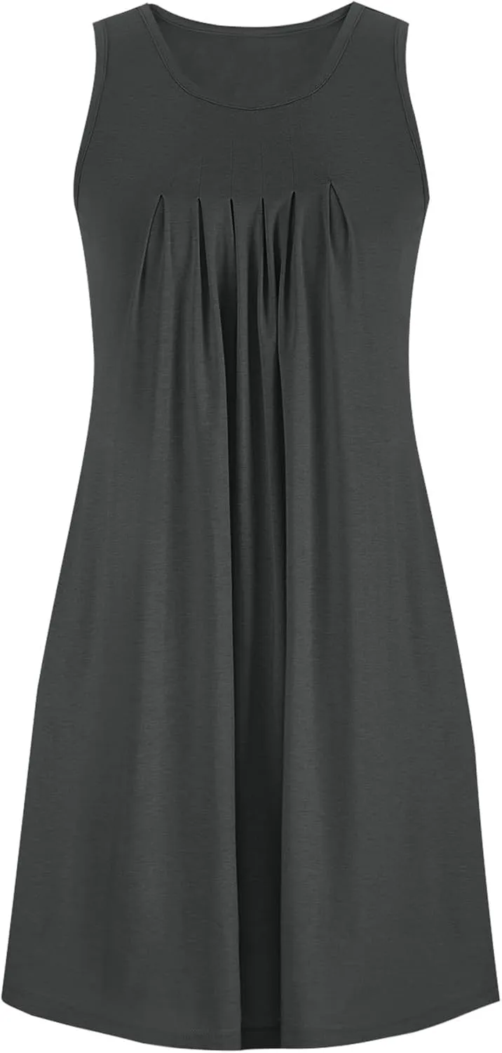 2024 Women's Loose Casul Sleeveless Solid Ruffle Crew Neck Sundresses with Pockets A-Line Beach Vacation Mini Dress