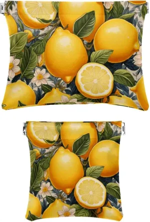 2Pcs Leather Cosmetic Travel Bag Squeeze Top Reusable Small Makeup Pouch Lipstick Bag for Girls Women, Lemon White Flower Portable Waterproof Coin Organizer for Jewelry Purse