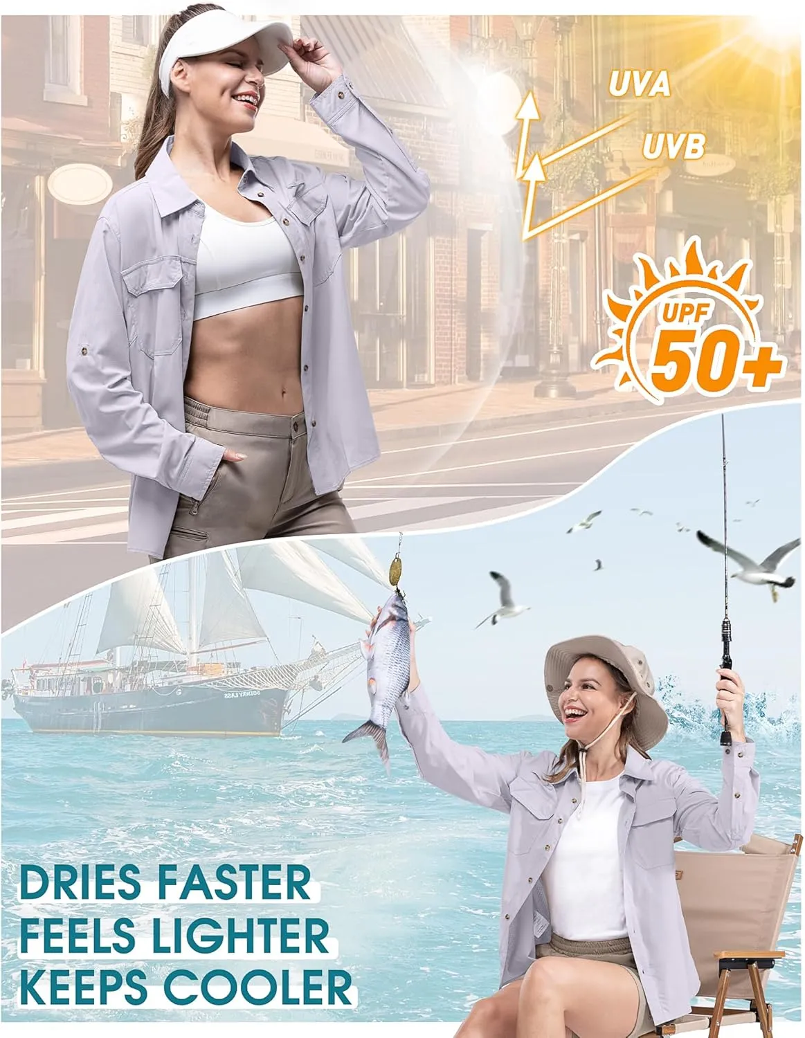 33,000ft Women's UPF 50 UV Sun Protection Shirt, Cool Quick Dry Long Sleeve Outdoor Fishing Hiking Safari Travel Shirt