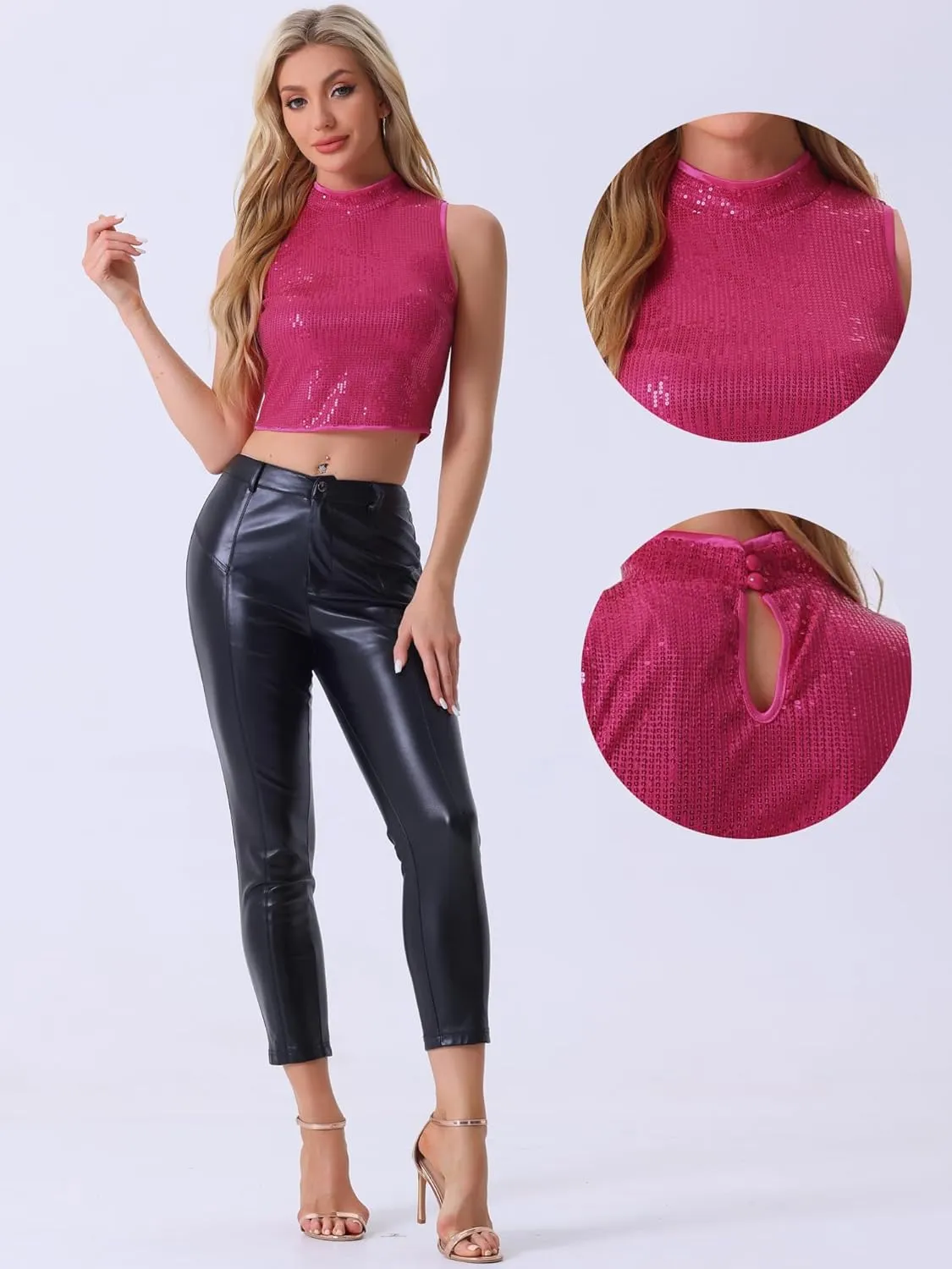 Allegra K Metallic Crop Top for Women's Sleeveless Sparkly Sequin Tops