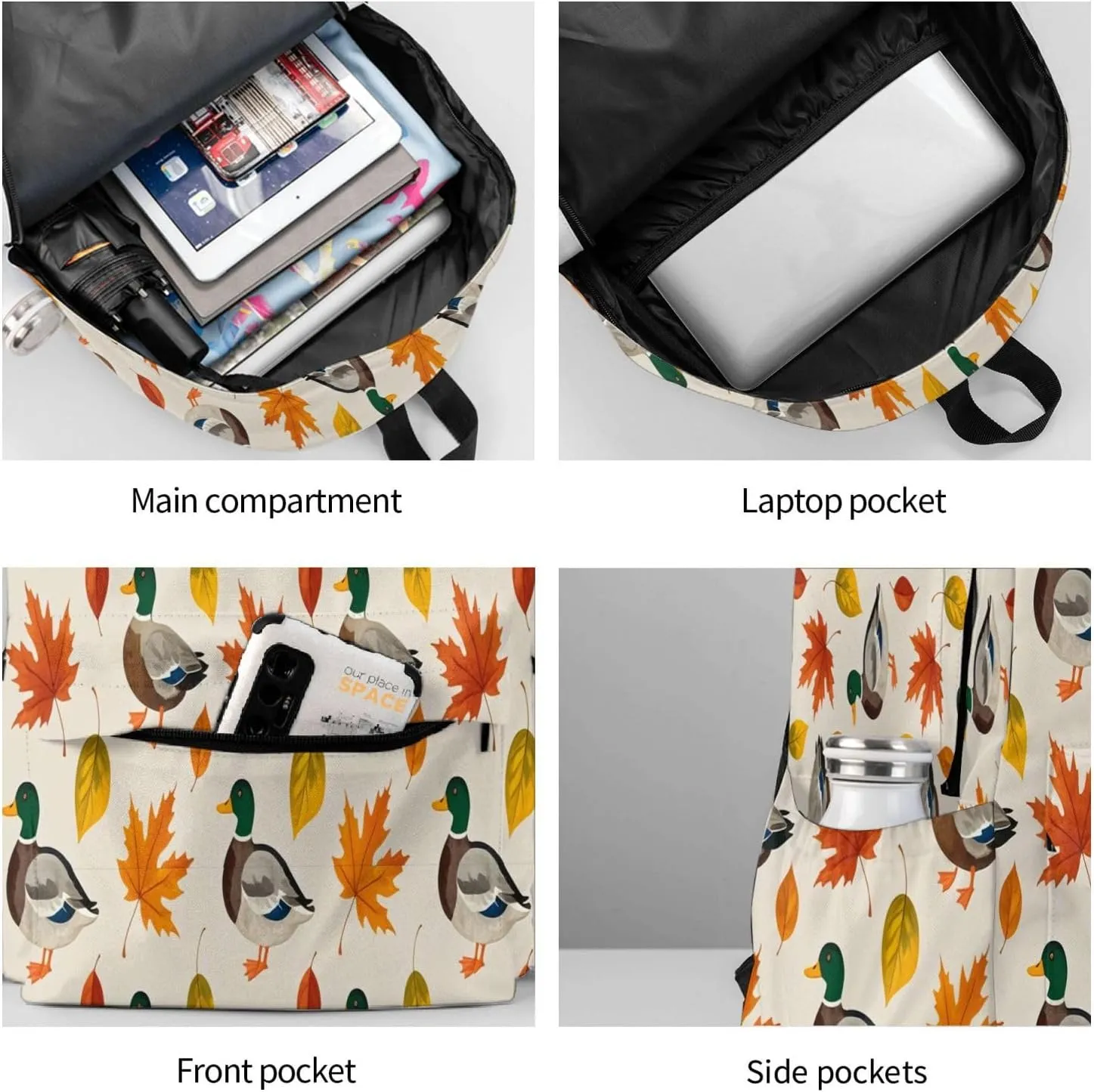 Autumn Duck Maple Leaf Adult Backpacks 15 Inch Laptop Backpack Travel Bag for Men Women Gifts