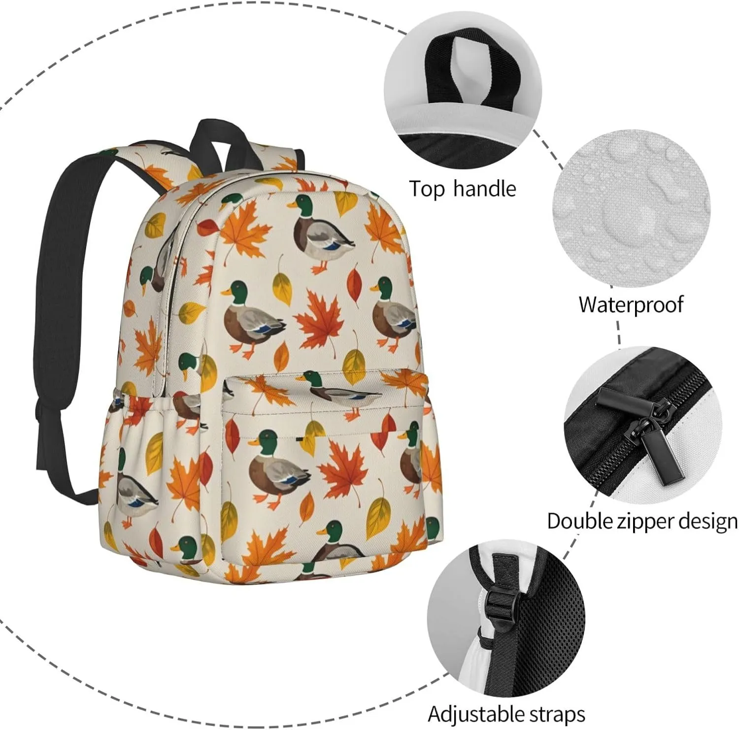 Autumn Duck Maple Leaf Adult Backpacks 15 Inch Laptop Backpack Travel Bag for Men Women Gifts