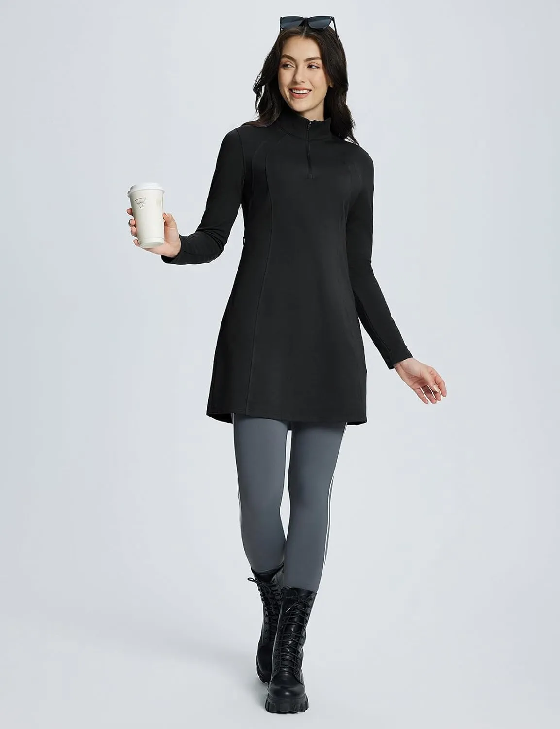 baleaf Women's Fleece Dress Sweatshirt Winter Dress Tunic Long Warm Quarter Zip Up Pullover Jackets with Pocket Outdoor