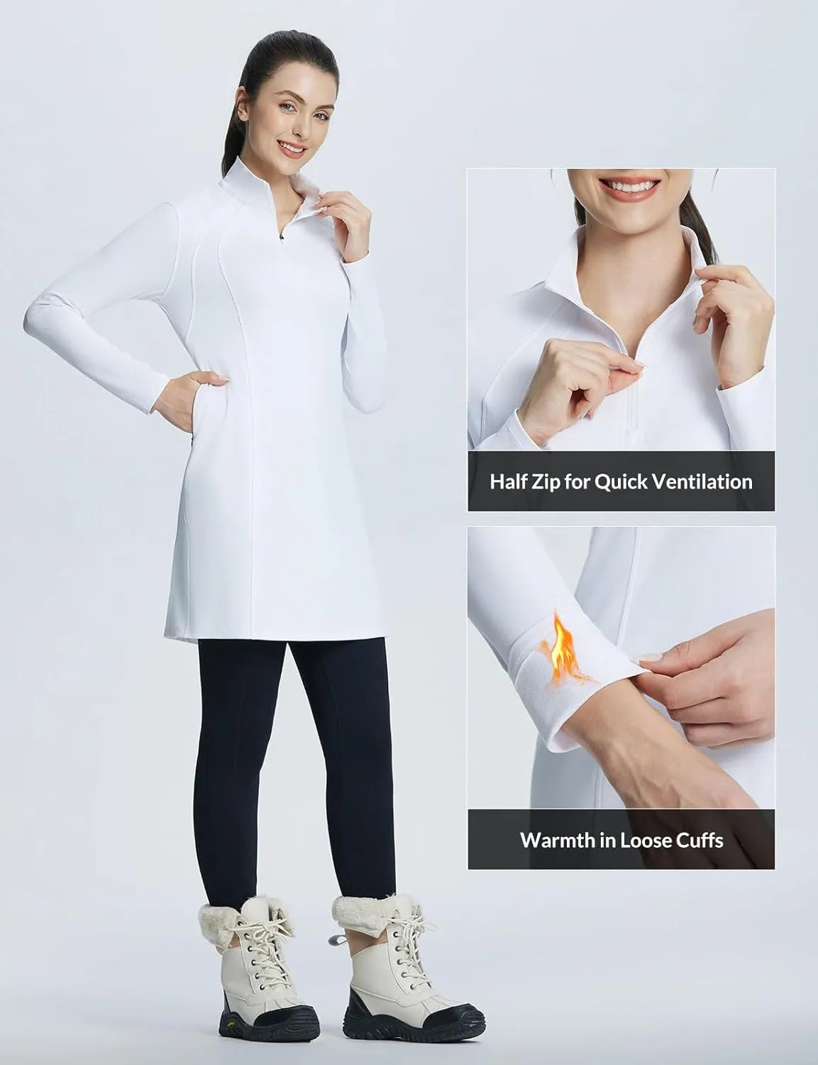 baleaf Women's Fleece Dress Sweatshirt Winter Dress Tunic Long Warm Quarter Zip Up Pullover Jackets with Pocket Outdoor