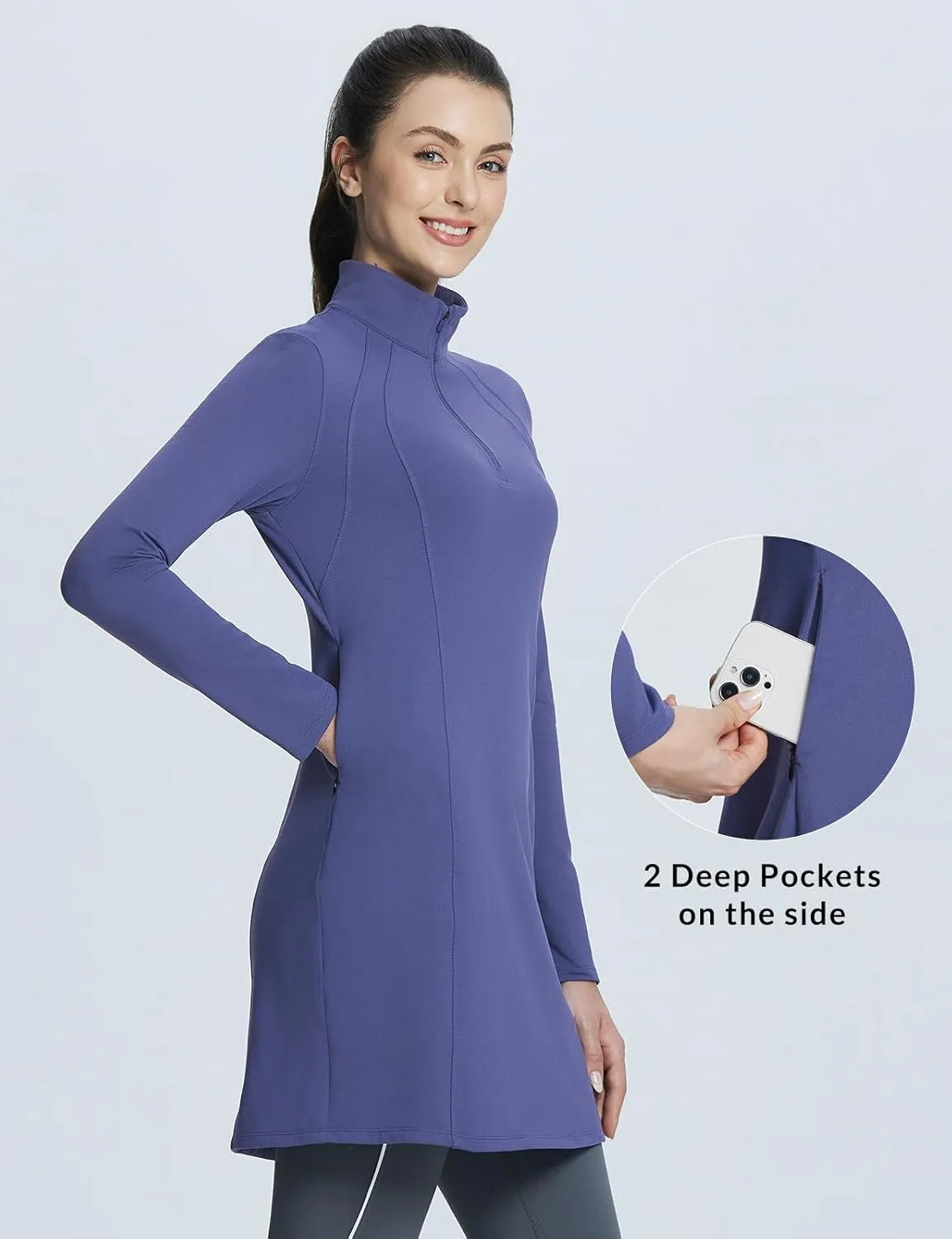 baleaf Women's Fleece Dress Sweatshirt Winter Dress Tunic Long Warm Quarter Zip Up Pullover Jackets with Pocket Outdoor