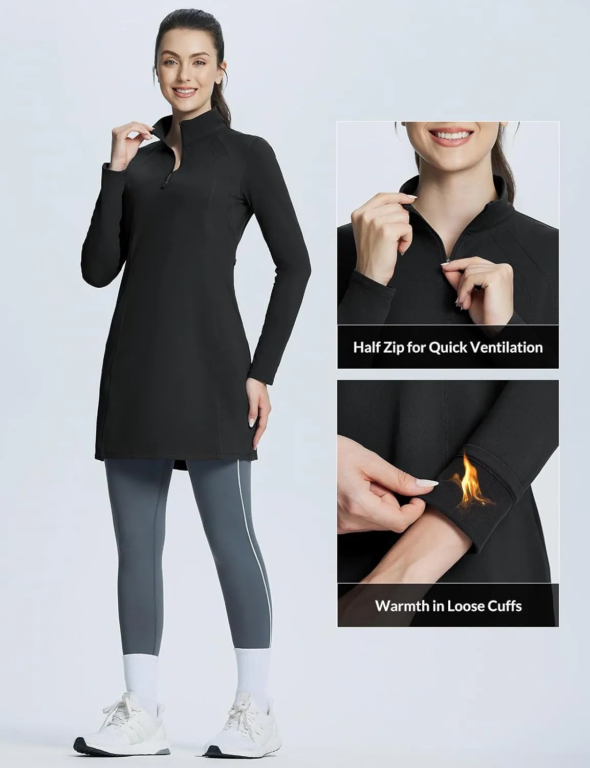 baleaf Women's Fleece Dress Sweatshirt Winter Dress Tunic Long Warm Quarter Zip Up Pullover Jackets with Pocket Outdoor