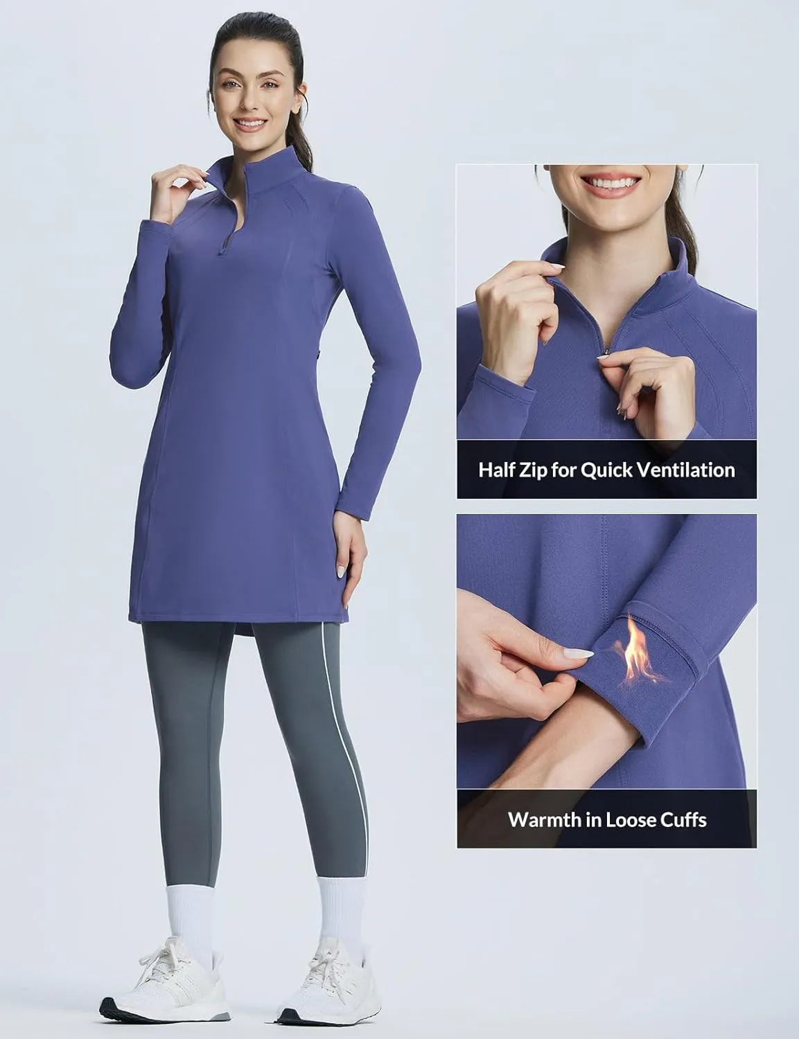 baleaf Women's Fleece Dress Sweatshirt Winter Dress Tunic Long Warm Quarter Zip Up Pullover Jackets with Pocket Outdoor