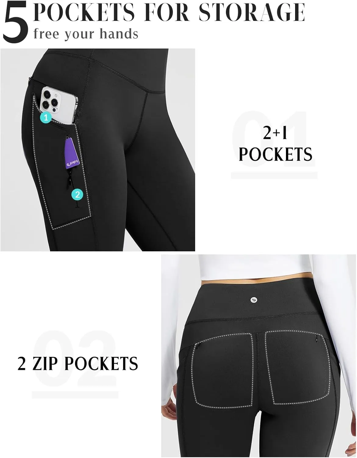baleaf Women's Fleece Lined Leggings with 5 Pockets, Thermal Warm Winter Tights High Waisted Yoga Pants Cold Running Gear