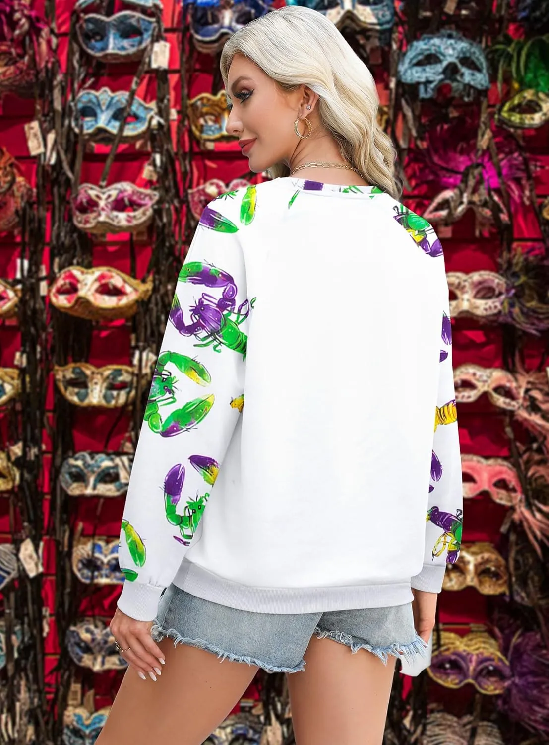 BANGELY Mardi Gras Sweatshirt Women Funny Carnival Themed Mask Graphic Shirt Orleans Festival Sweater Casual Long Sleeve Top