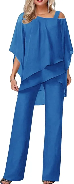 Batwing Chiffon Irregular Cover Up Tops and Wide Leg Jumpsuit for Women Plus Size 2 Piece Outfits Crewneck Pants Set