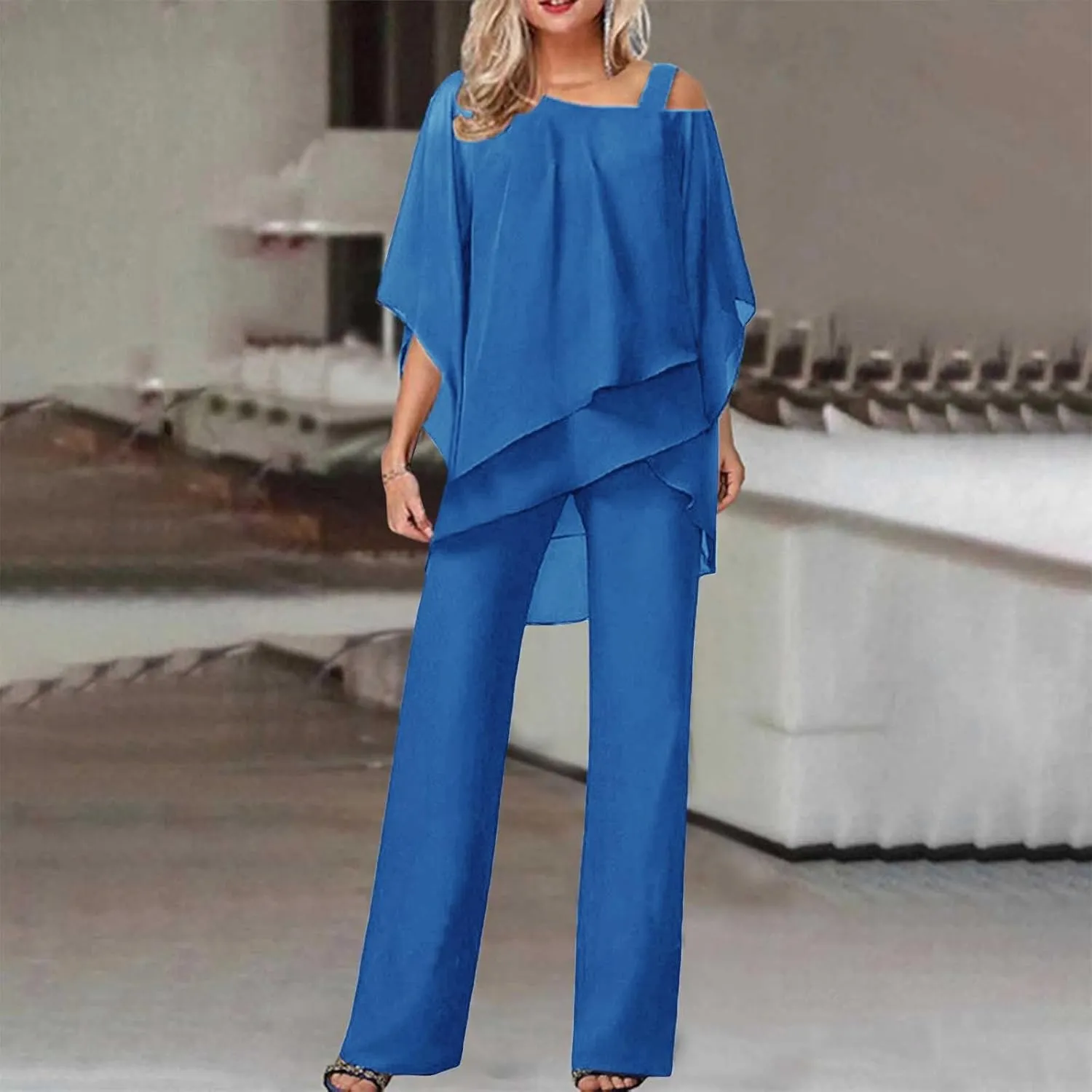 Batwing Chiffon Irregular Cover Up Tops and Wide Leg Jumpsuit for Women Plus Size 2 Piece Outfits Crewneck Pants Set
