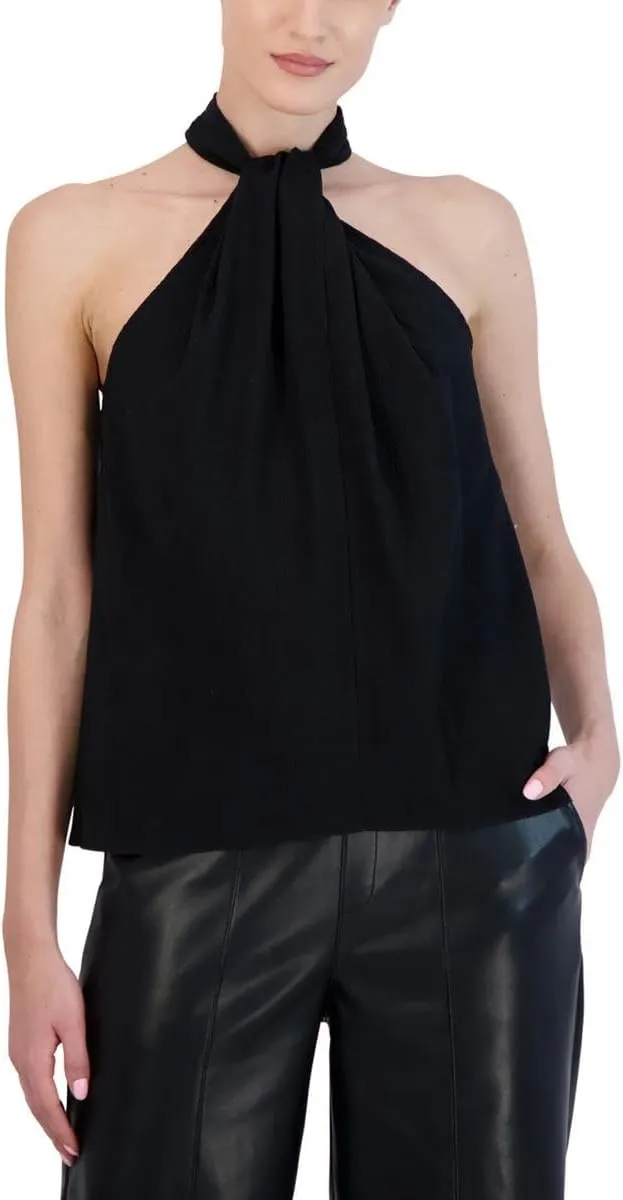 BCBGMAXAZRIA Women's Sleeveless Relaxed Top Twisted Halter Neck Back Keyhole Shirt