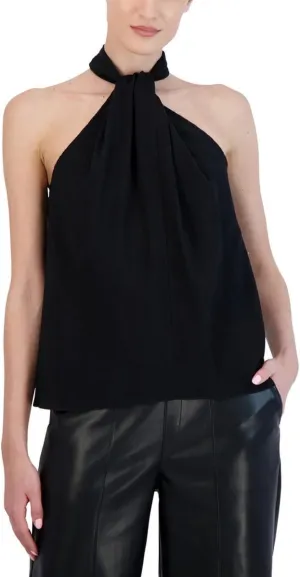 BCBGMAXAZRIA Women's Sleeveless Relaxed Top Twisted Halter Neck Back Keyhole Shirt