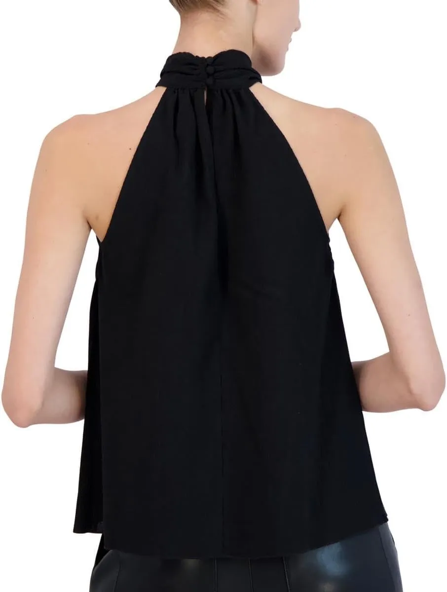 BCBGMAXAZRIA Women's Sleeveless Relaxed Top Twisted Halter Neck Back Keyhole Shirt