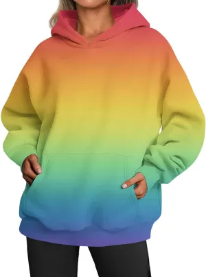 Bengbobar Tie Dye Print Hoodie Long Sleeve Drawstring Pullover Gradient Color Tops Loose Casual Sweatshirt for Women Rainbow Hoodie Womens Oversized Hoodies Sweatshirts 2XL