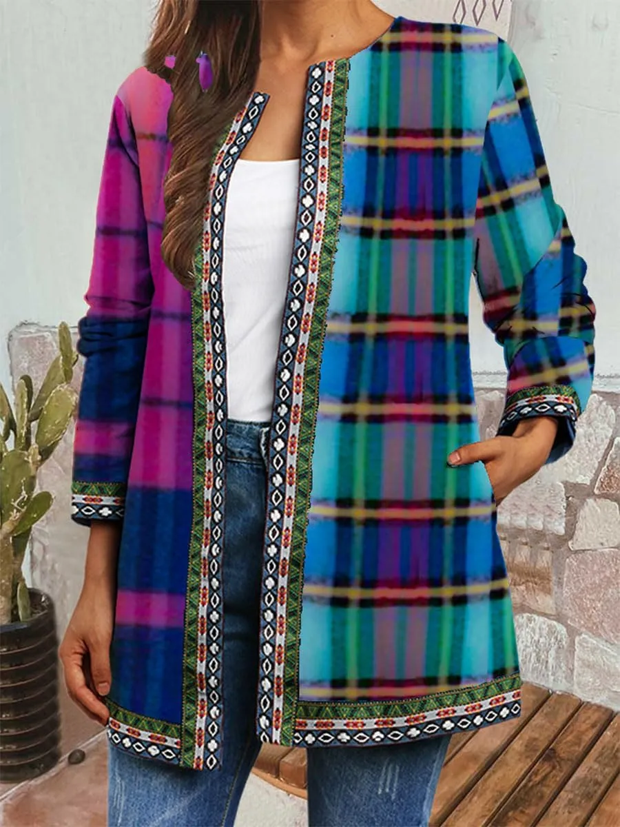 Bengbobar Women's Fall Ethnic Boho Floral Print Long Sleeve Jacket Coat Casual Oversize Crewneck Cardigan with Pocket M-5XL