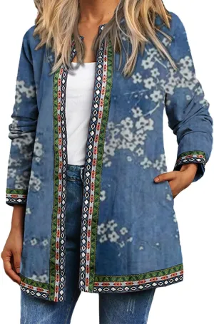 Bengbobar Women's Fall Ethnic Boho Floral Print Long Sleeve Jacket Coat Casual Oversize Crewneck Cardigan with Pocket M-5XL