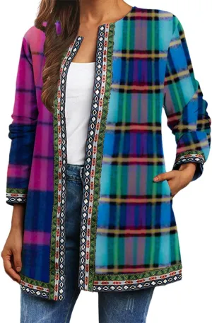 Bengbobar Women's Fall Ethnic Boho Floral Print Long Sleeve Jacket Coat Casual Oversize Crewneck Cardigan with Pocket M-5XL