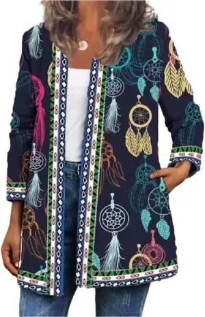 Bengbobar Women's Fall Ethnic Boho Floral Print Long Sleeve Jacket Coat Casual Oversize Crewneck Cardigan with Pocket M-5XL