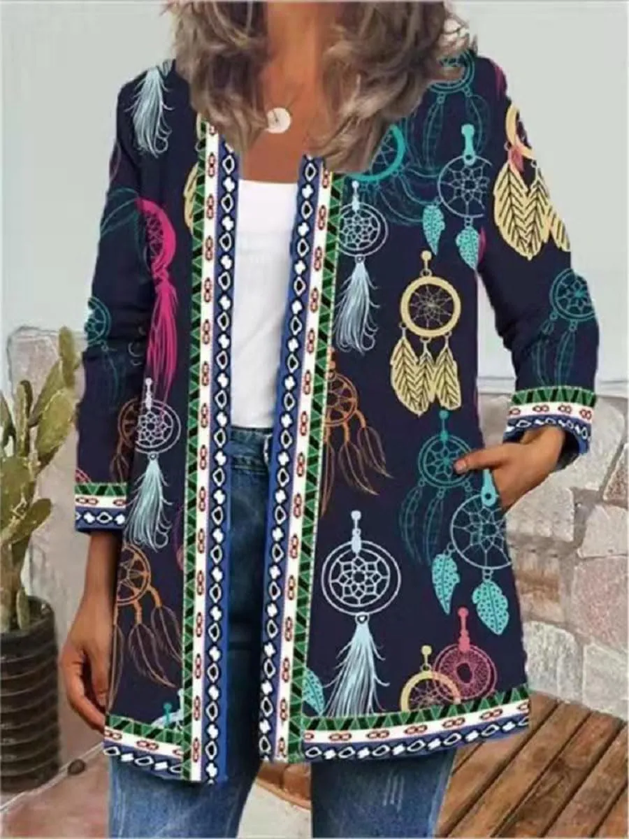 Bengbobar Women's Fall Ethnic Boho Floral Print Long Sleeve Jacket Coat Casual Oversize Crewneck Cardigan with Pocket M-5XL