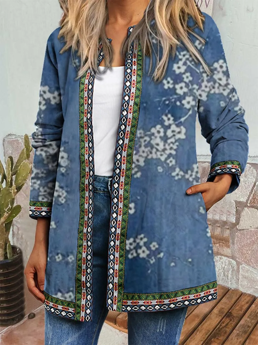 Bengbobar Women's Fall Ethnic Boho Floral Print Long Sleeve Jacket Coat Casual Oversize Crewneck Cardigan with Pocket M-5XL