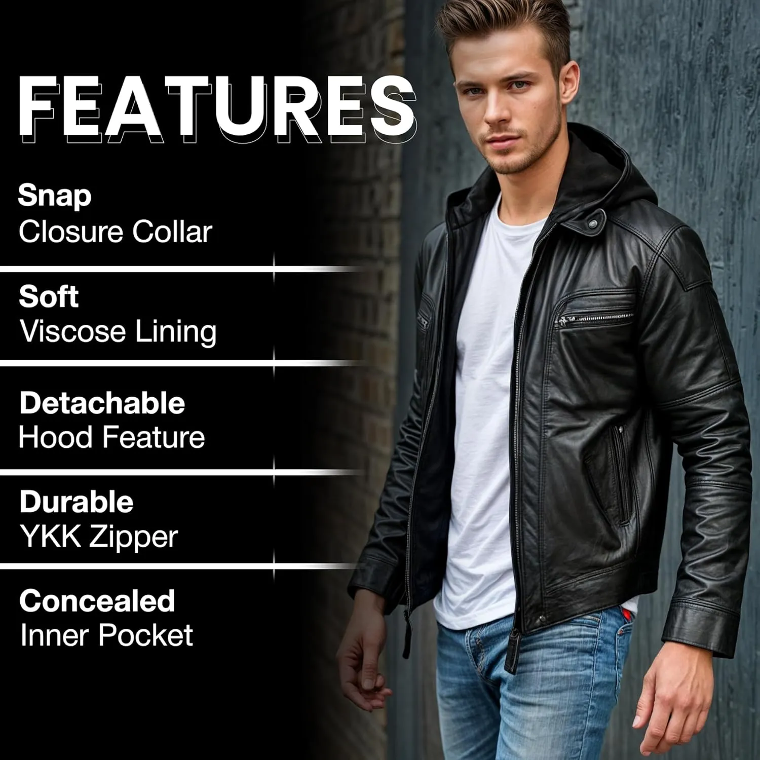 Black Leather Jacket Men - Leather Motorcycle Jacket Men With Hood
