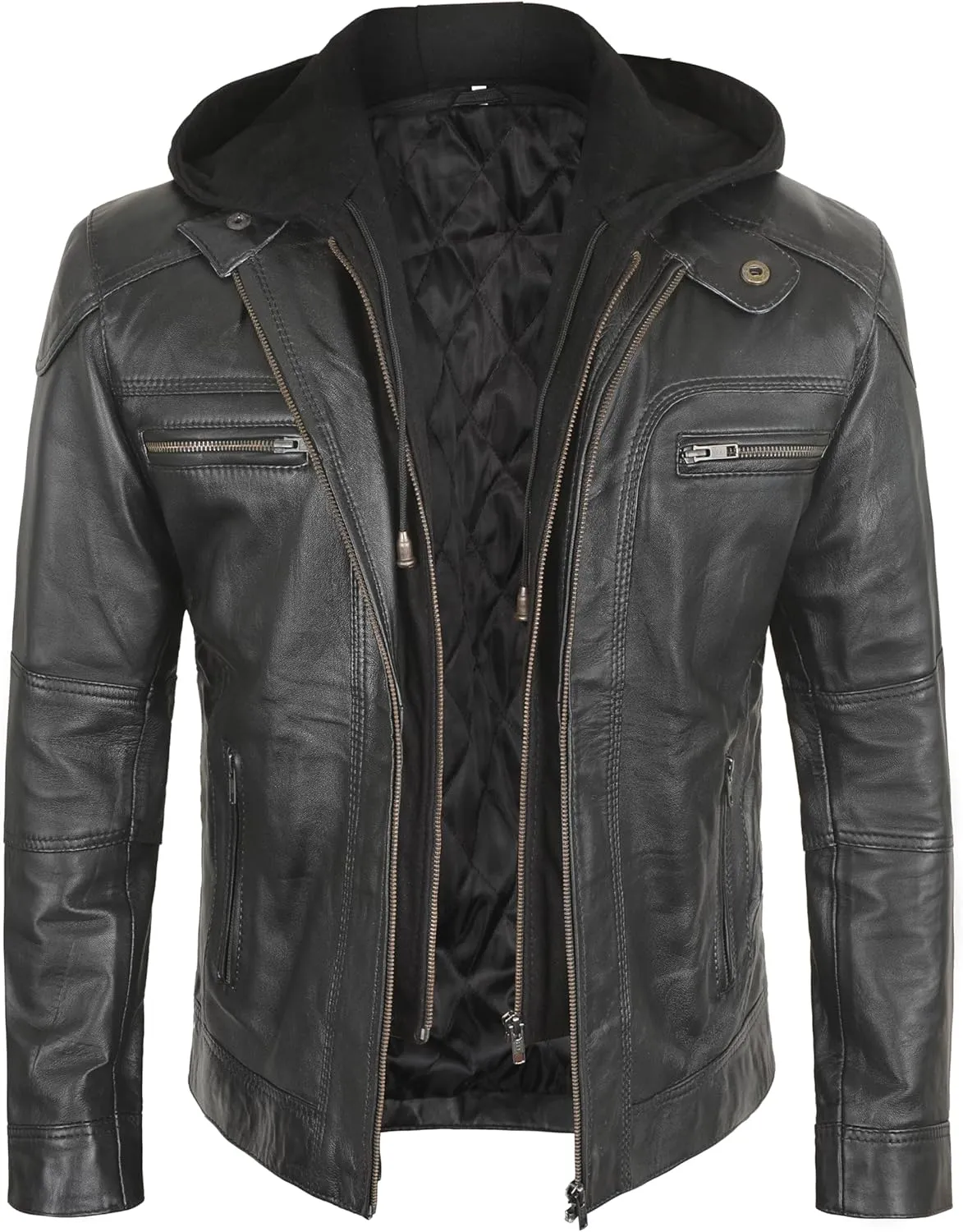 Black Leather Jacket Men - Leather Motorcycle Jacket Men With Hood