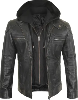 Black Leather Jacket Men - Leather Motorcycle Jacket Men With Hood