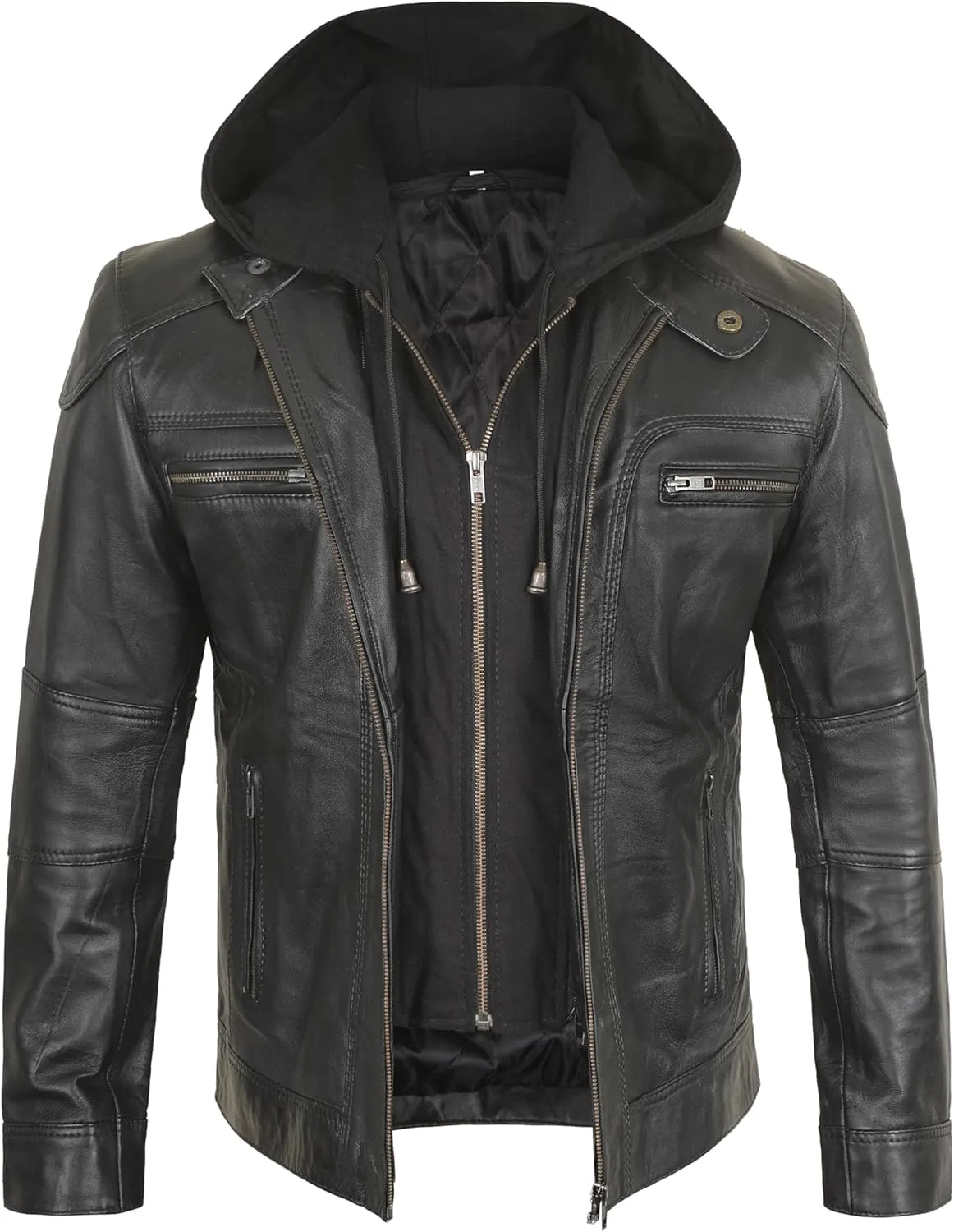Black Leather Jacket Men - Leather Motorcycle Jacket Men With Hood
