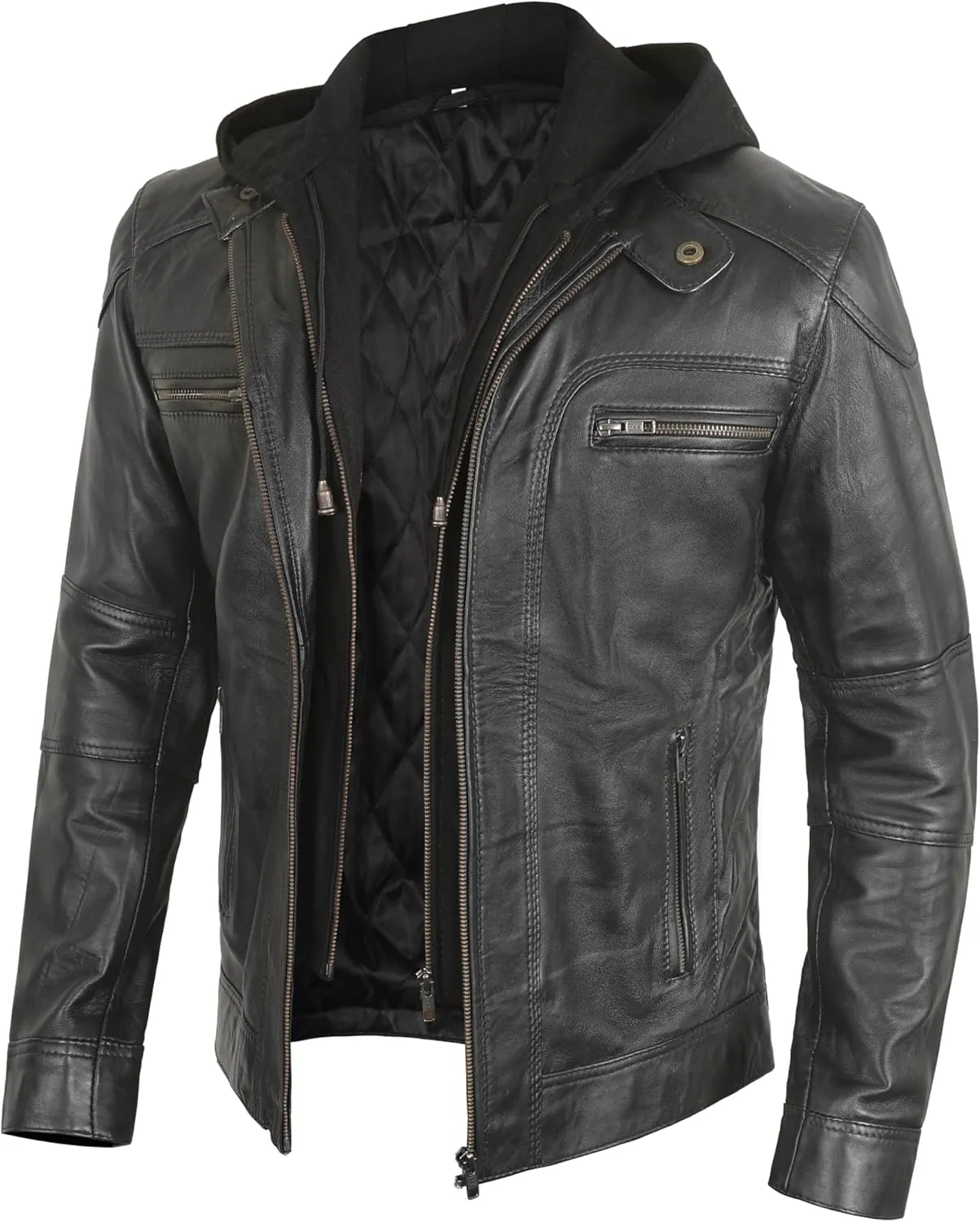 Black Leather Jacket Men - Leather Motorcycle Jacket Men With Hood