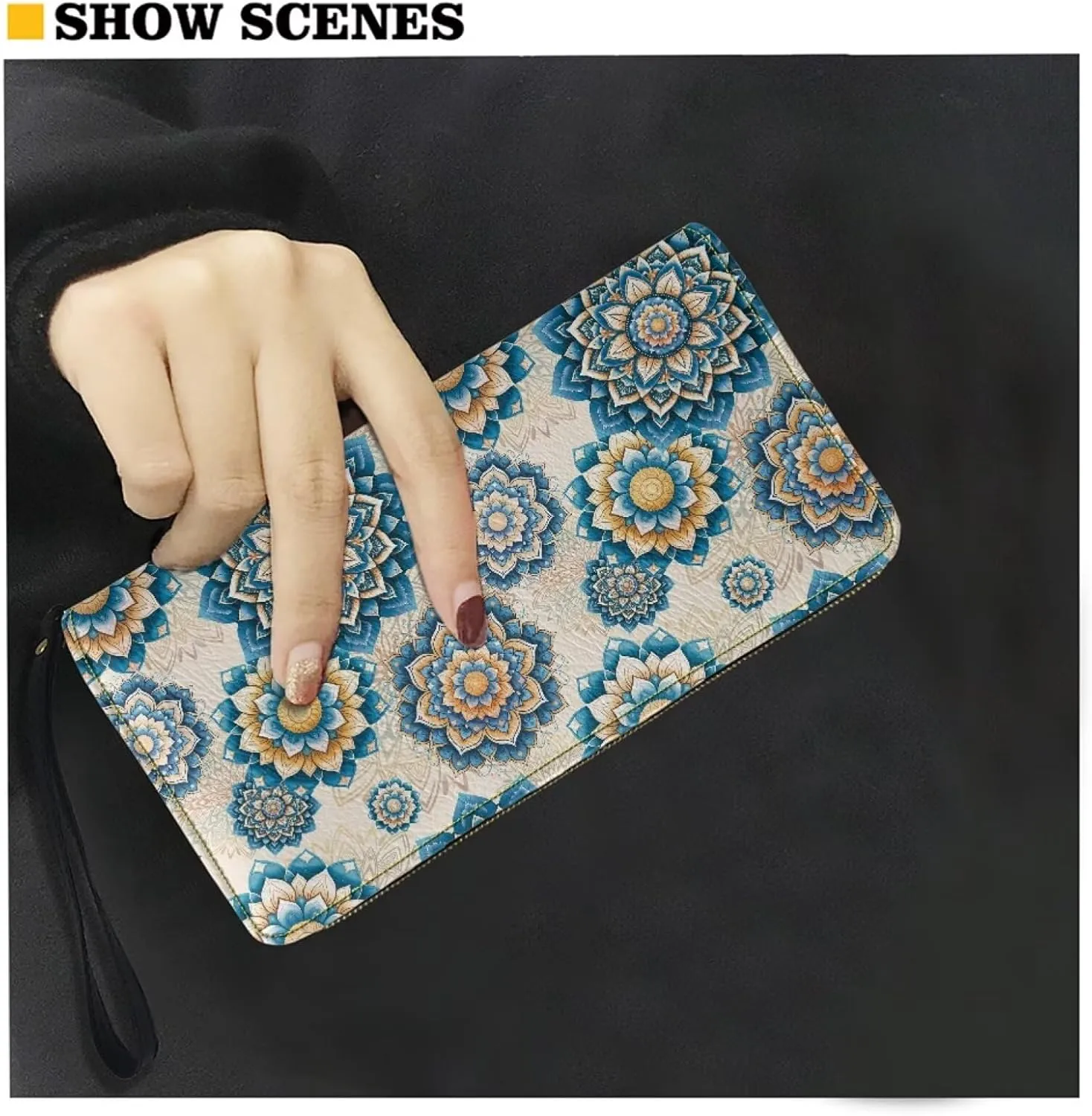 Boho Mandala Flower Print Women's Zip Around Wallet Wristlet PU Leather Waterproof Clutch Wallet Large Capacity Credit Card Holder Travel Business Dating Coin,Cash Pocket