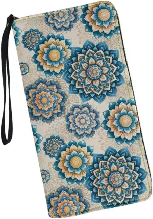 Boho Mandala Flower Print Women's Zip Around Wallet Wristlet PU Leather Waterproof Clutch Wallet Large Capacity Credit Card Holder Travel Business Dating Coin,Cash Pocket