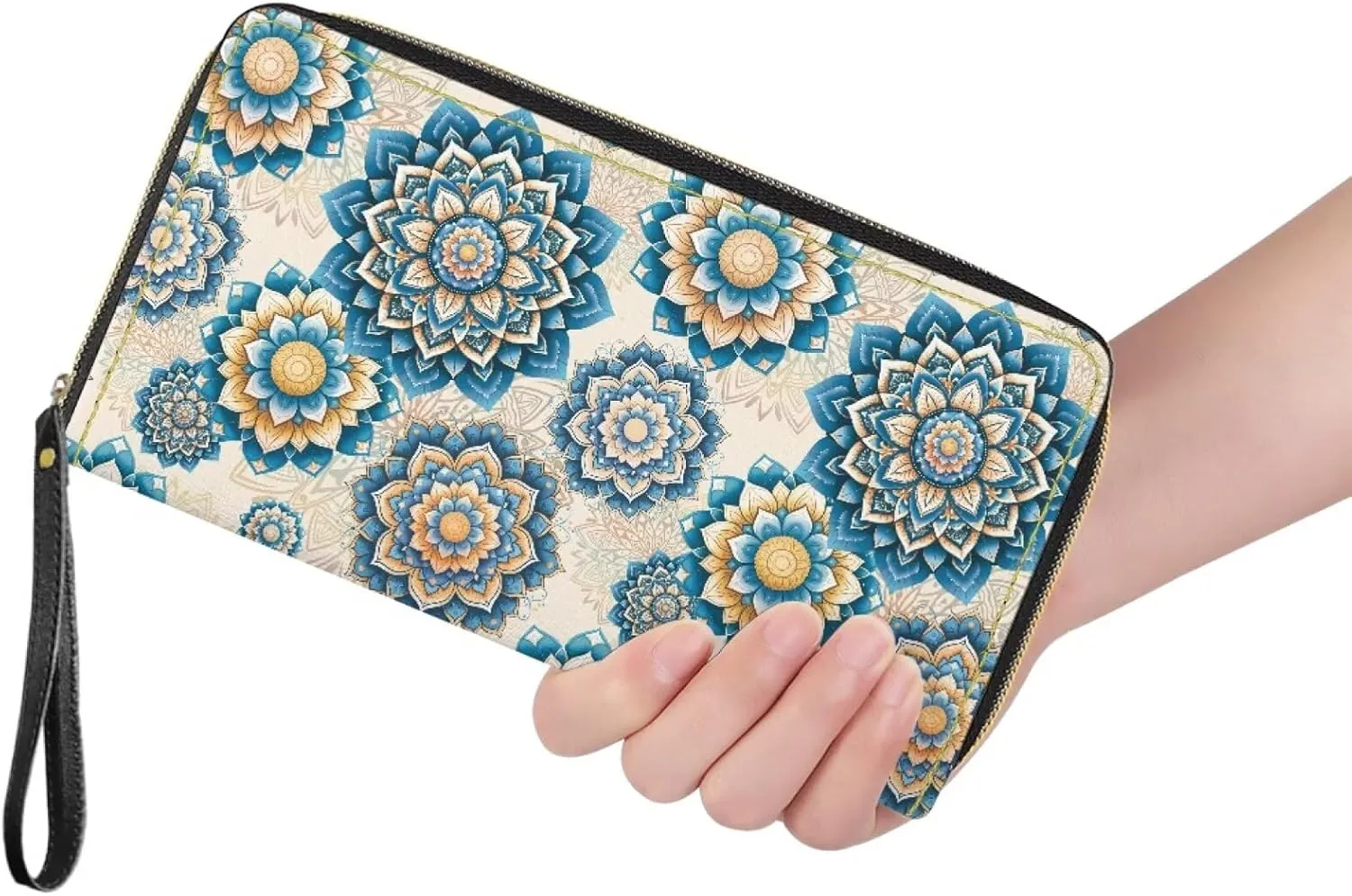 Boho Mandala Flower Print Women's Zip Around Wallet Wristlet PU Leather Waterproof Clutch Wallet Large Capacity Credit Card Holder Travel Business Dating Coin,Cash Pocket