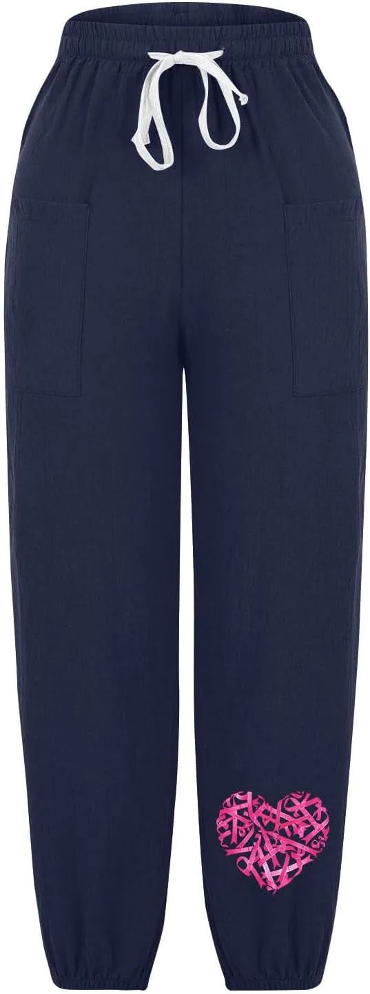 Breast Cancer Awareness Cropped Pants for Women, Summer Casual Cotton Linen Sweatpants Drawstring Tie Trousers with Pockets