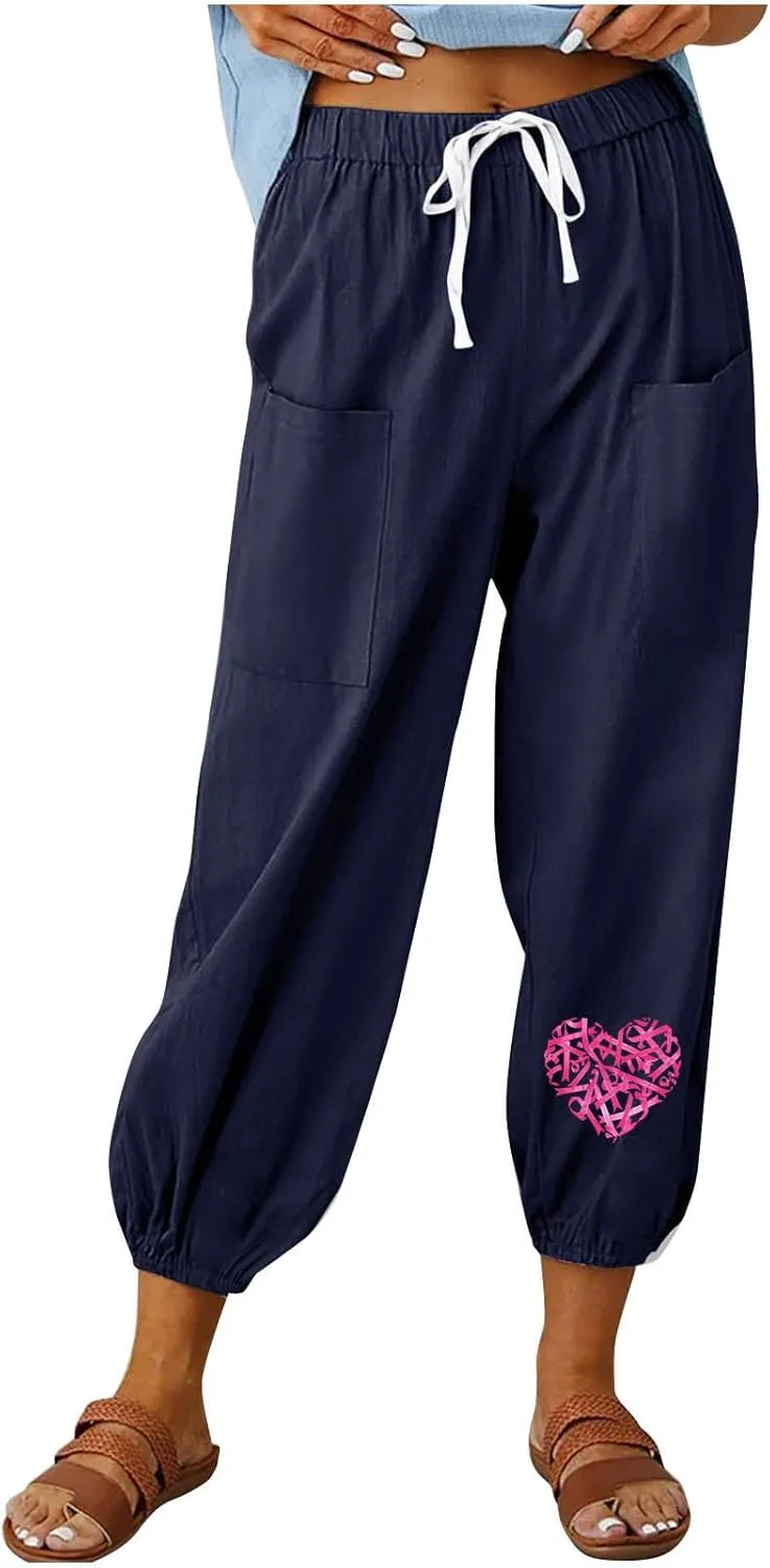 Breast Cancer Awareness Cropped Pants for Women, Summer Casual Cotton Linen Sweatpants Drawstring Tie Trousers with Pockets