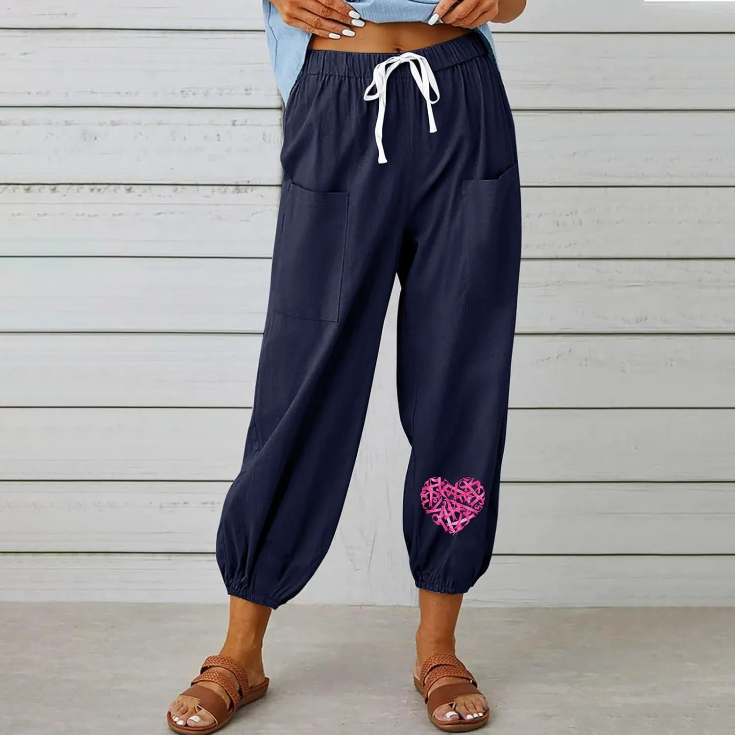 Breast Cancer Awareness Cropped Pants for Women, Summer Casual Cotton Linen Sweatpants Drawstring Tie Trousers with Pockets