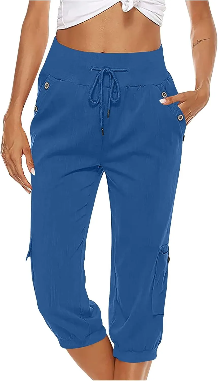 Capri Linen Pants for Women High Waisted Capris Plus Size Cropped Trousers Drawstring Summer Pants with Pockets