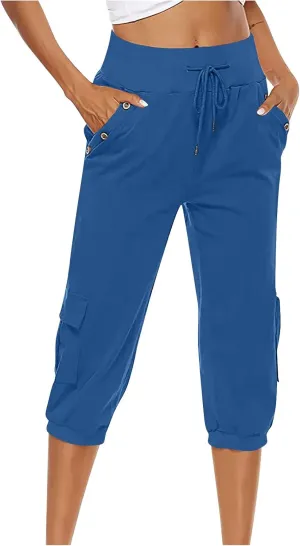 Capri Linen Pants for Women High Waisted Capris Plus Size Cropped Trousers Drawstring Summer Pants with Pockets