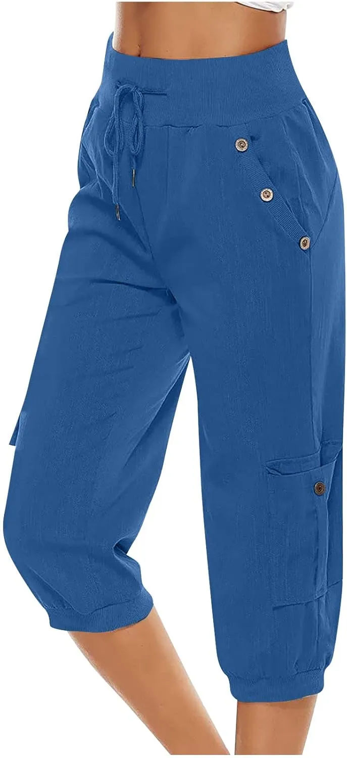 Capri Linen Pants for Women High Waisted Capris Plus Size Cropped Trousers Drawstring Summer Pants with Pockets