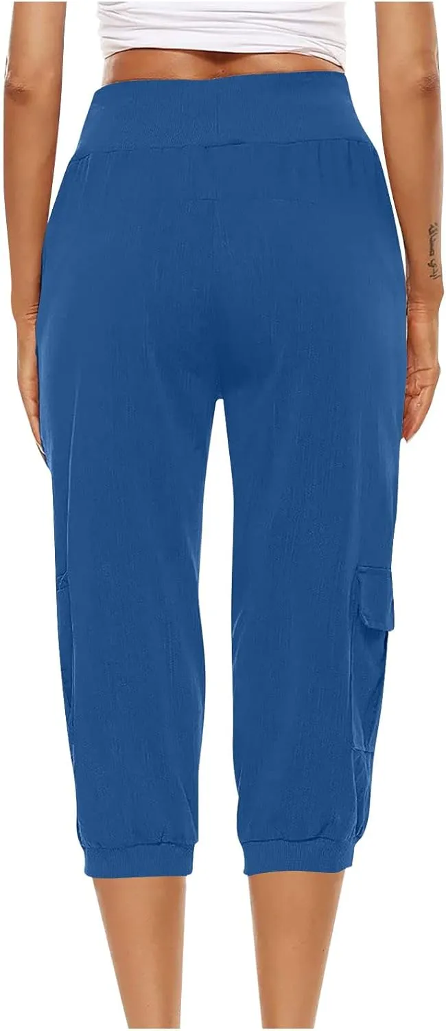 Capri Linen Pants for Women High Waisted Capris Plus Size Cropped Trousers Drawstring Summer Pants with Pockets