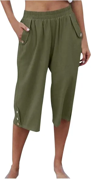 Capri Linen Pants for Women Petite Women's Wide Leg Pants Casual Drawstring Lounge Palazzo Loose Trousers