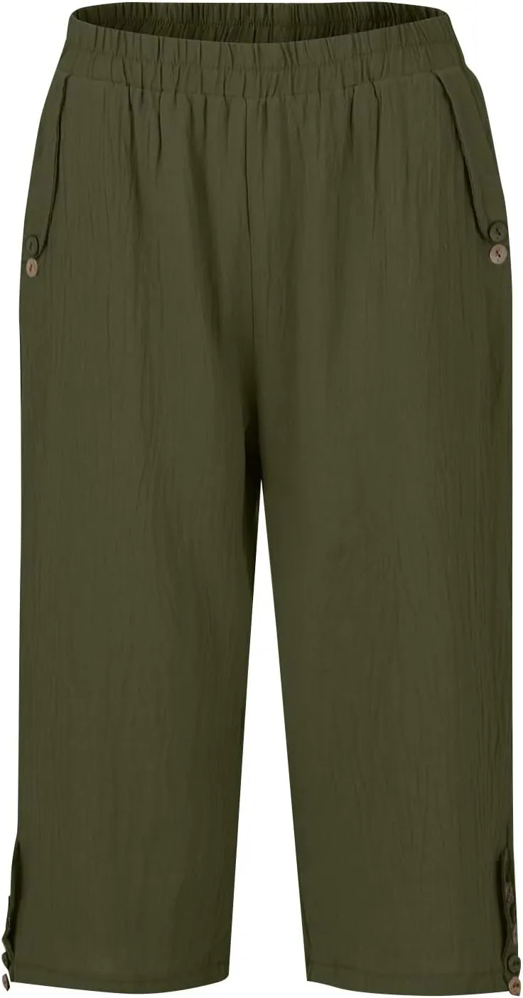 Capri Linen Pants for Women Petite Women's Wide Leg Pants Casual Drawstring Lounge Palazzo Loose Trousers