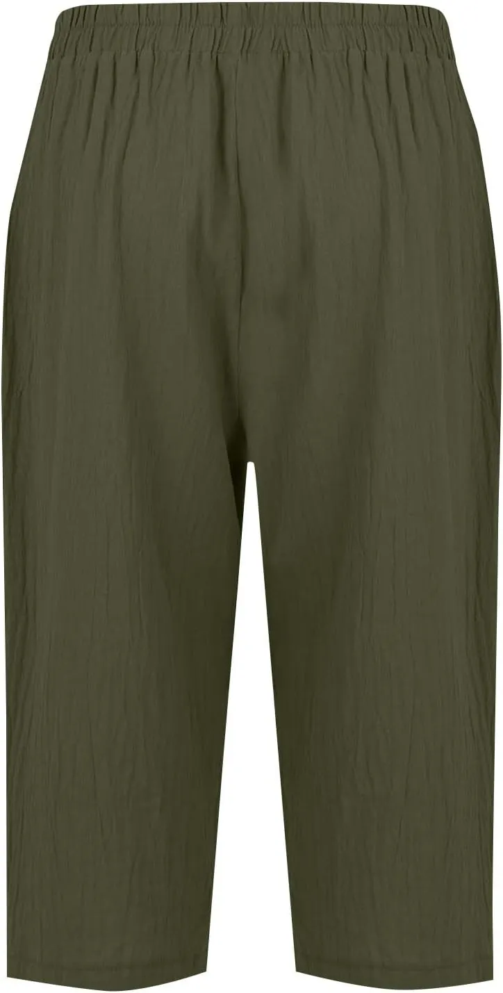 Capri Linen Pants for Women Petite Women's Wide Leg Pants Casual Drawstring Lounge Palazzo Loose Trousers