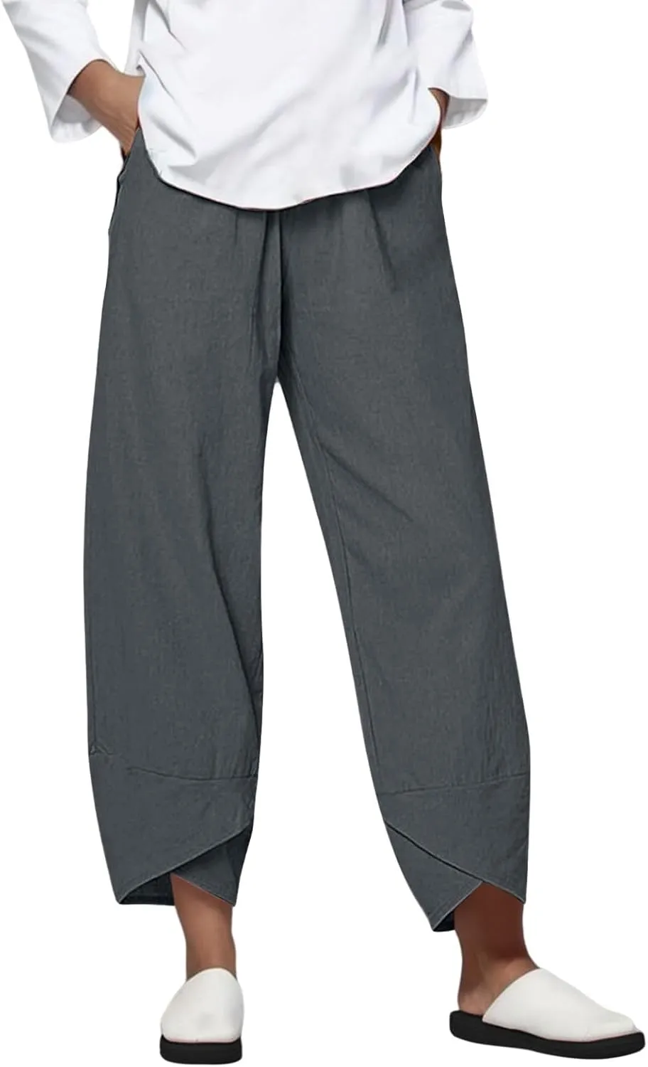 Capri Linen Pants for Womens Casual Elastic Waisted Cropped Baggy Trousers Yoga Comfy Loose Palazzo Lounge Pants