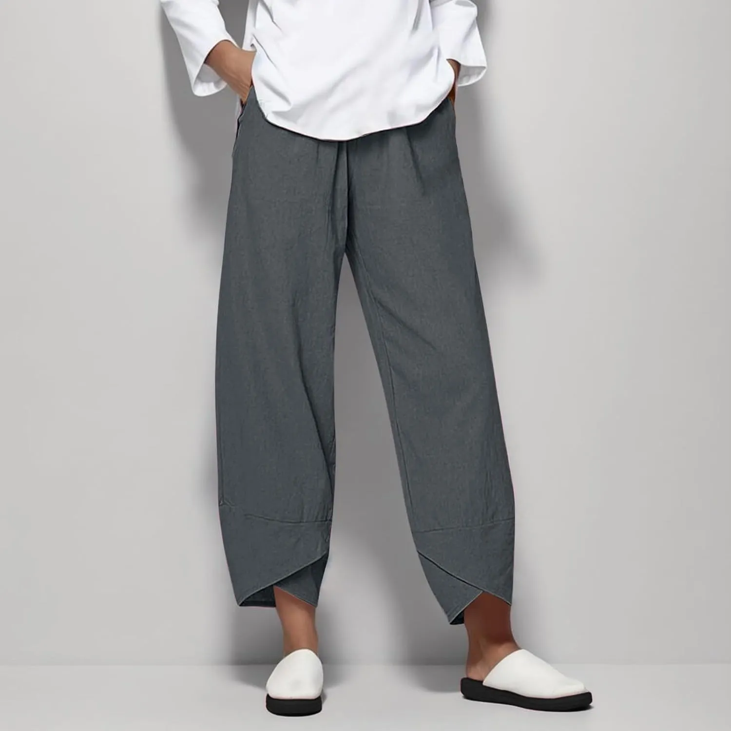 Capri Linen Pants for Womens Casual Elastic Waisted Cropped Baggy Trousers Yoga Comfy Loose Palazzo Lounge Pants