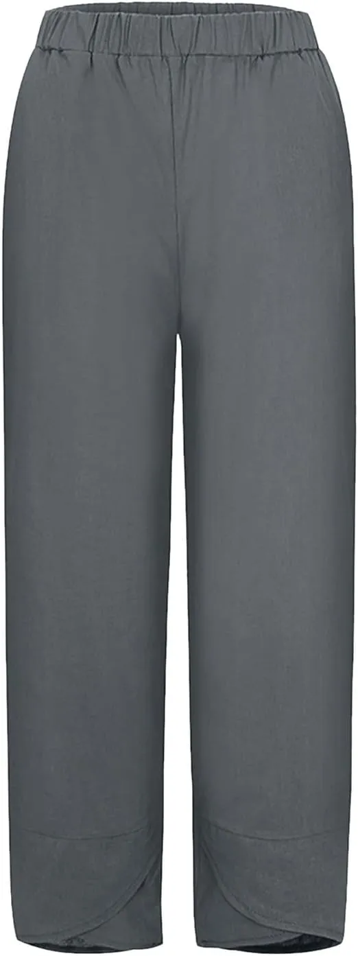 Capri Linen Pants for Womens Casual Elastic Waisted Cropped Baggy Trousers Yoga Comfy Loose Palazzo Lounge Pants