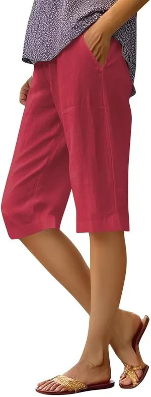 Capri Pants for Women 2025 Linen Elastic Waist Knee Length Capris Summer Straight Leg Loose Beach Shorts with Pocket